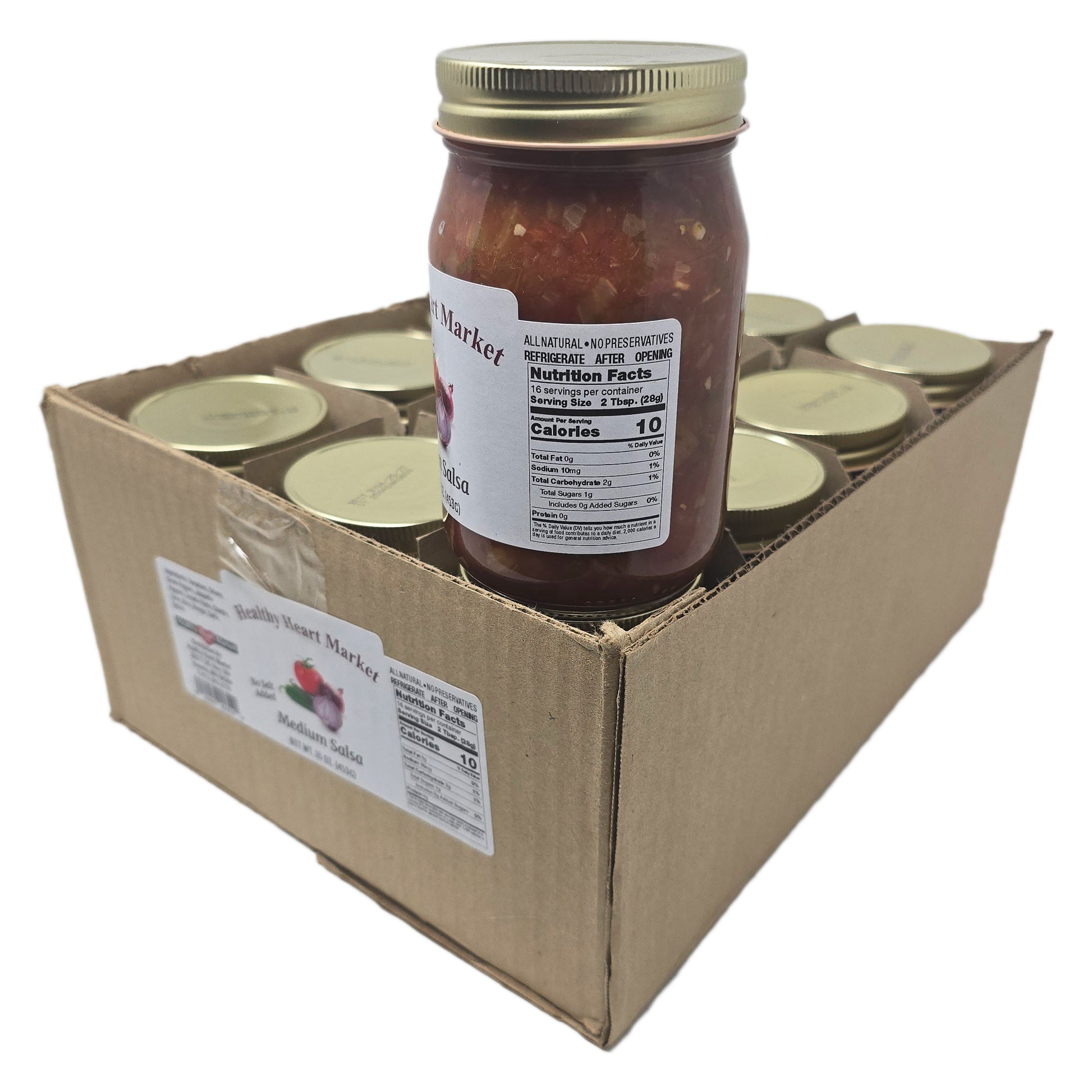 Case of 12 jars Healthy Heart Market No Salt Added Medium Salsa with labels on a plain background.