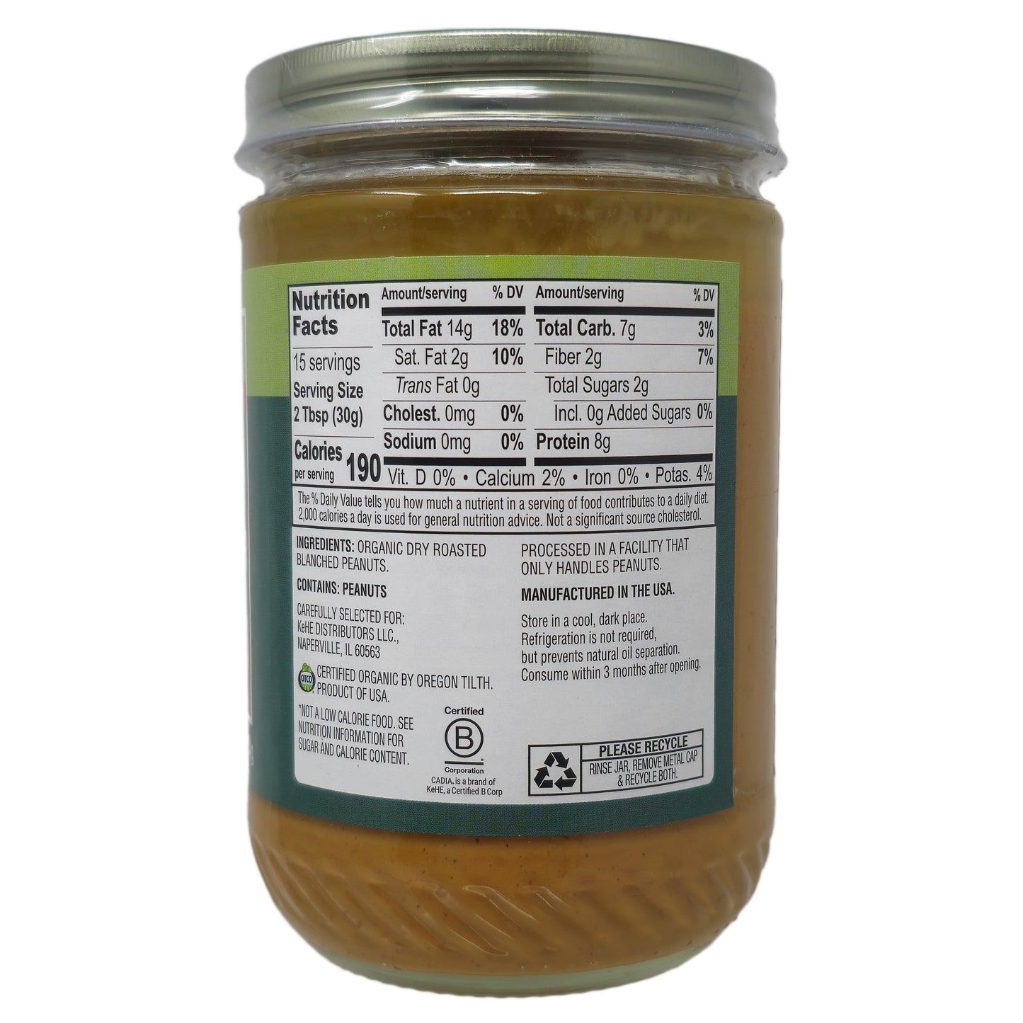 Cadia Organic No Salt Added Creamy Peanut Butter - 16oz.