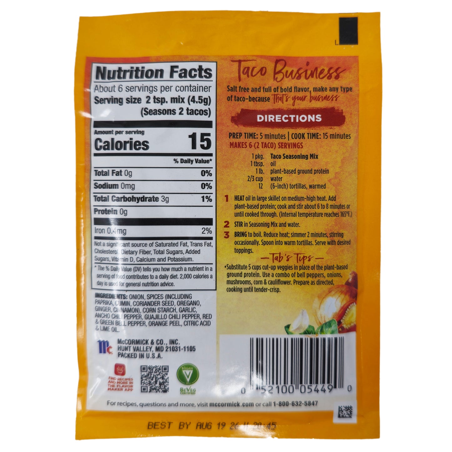 McCormick Salt Free Taco Business Seasoning Mix - 1oz.