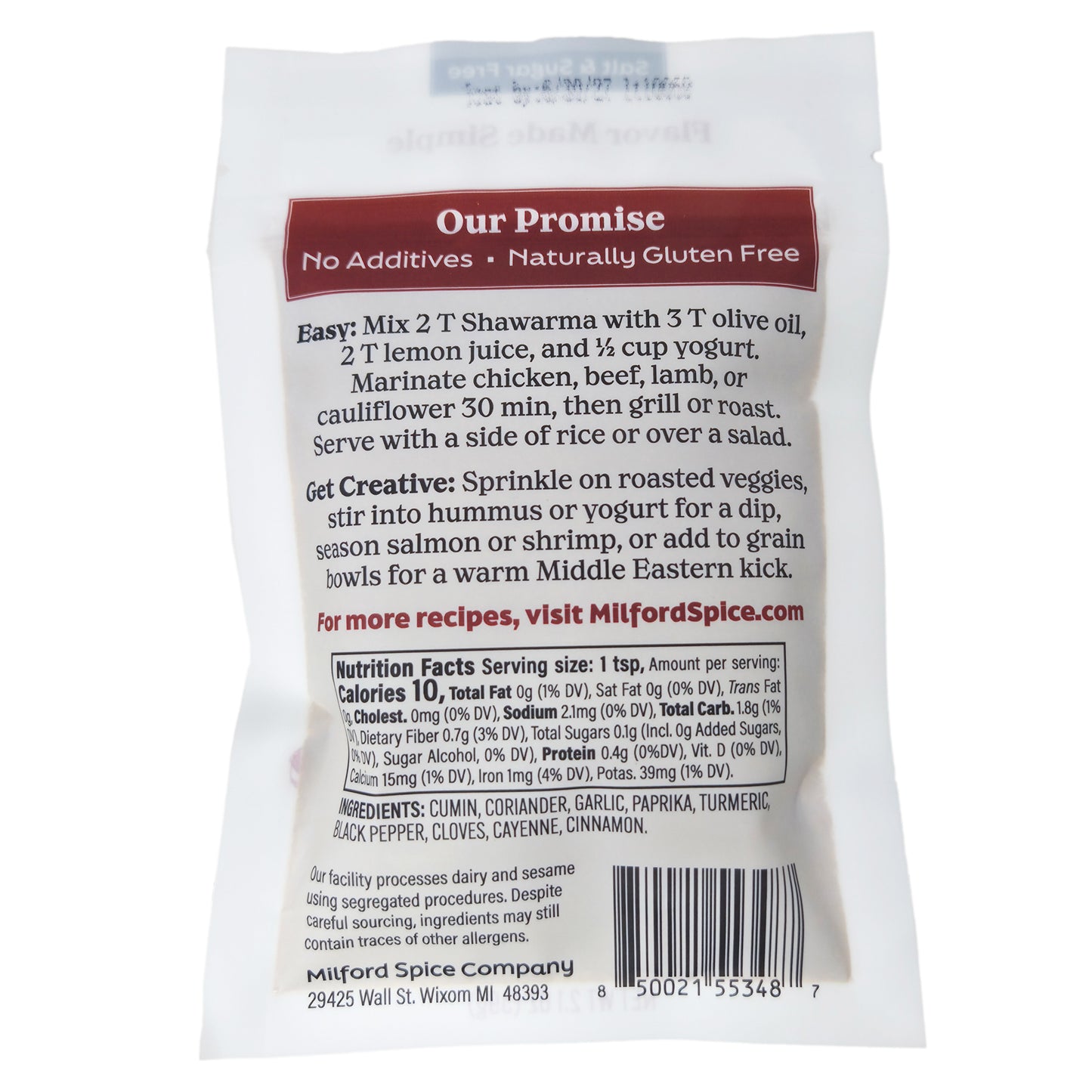 Milford Spice Co. Shawarma Salt Free Seasoning - 2.1oz