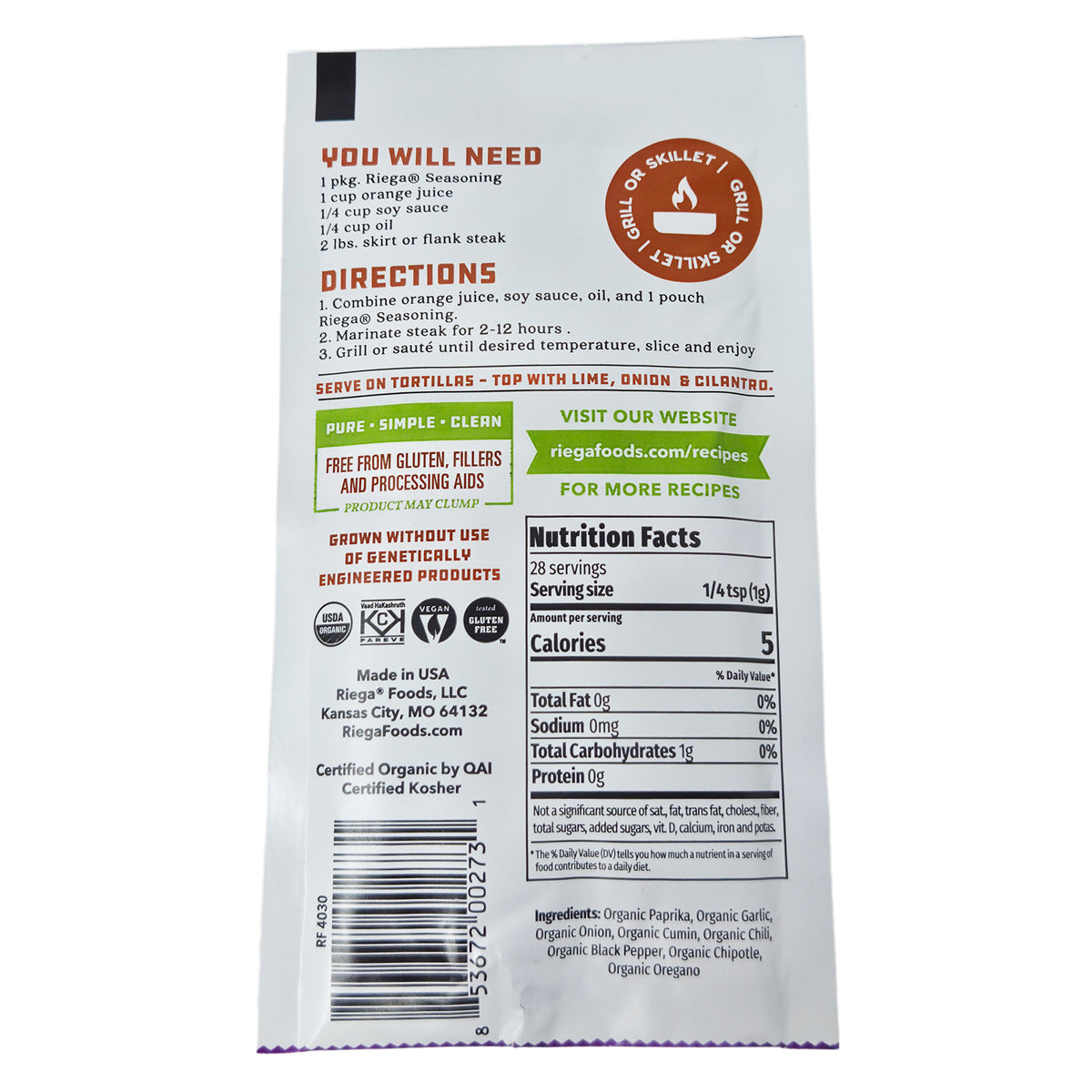 Riega Carne Asada Organic Street Taco Seasoning - 1oz