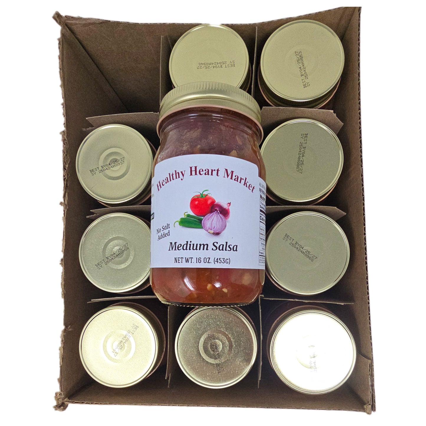 Case of 12 jars Healthy Heart Market No Salt Added Medium Salsa with labels on a plain background. 