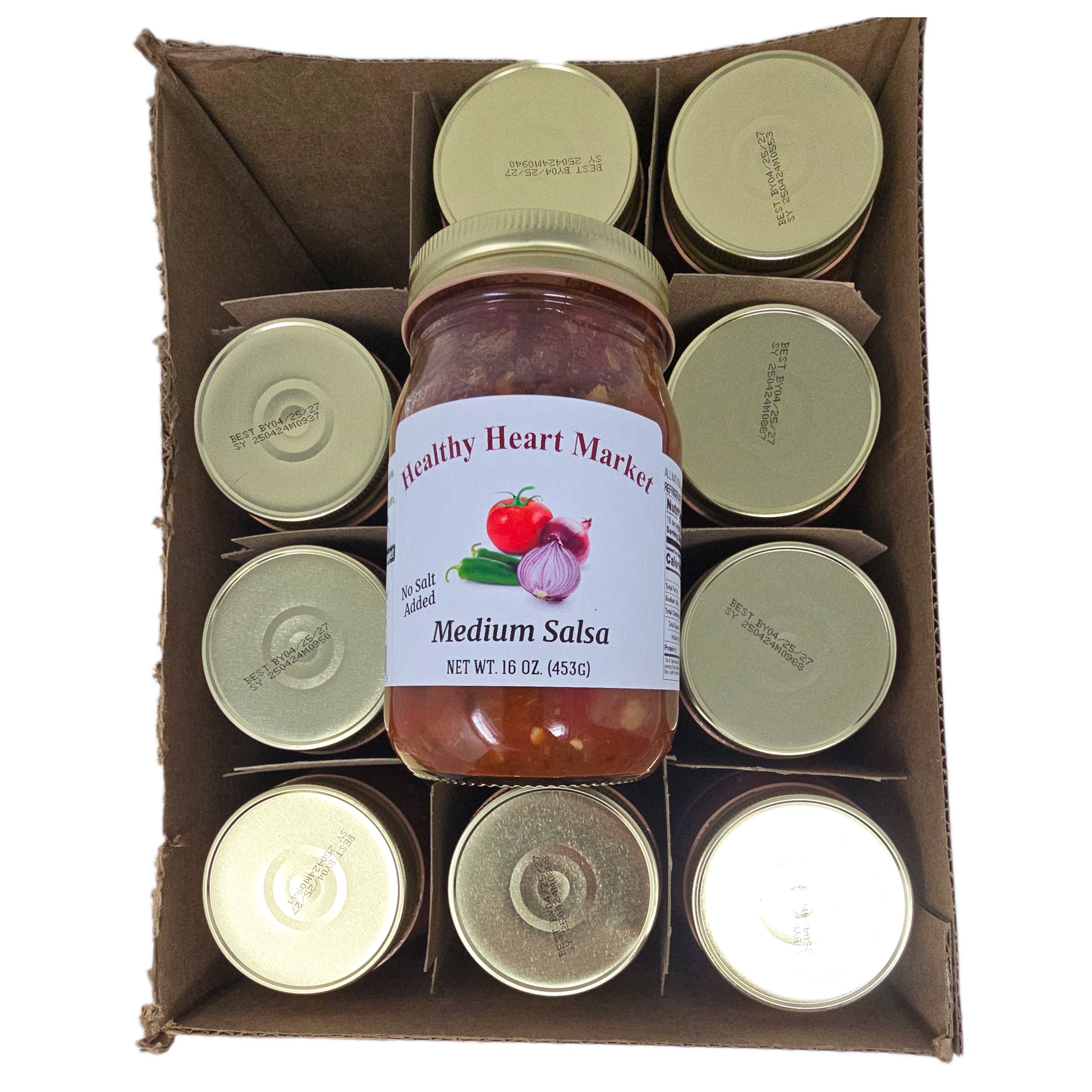 Case of 12 jars Healthy Heart Market No Salt Added Medium Salsa with labels on a plain background. 