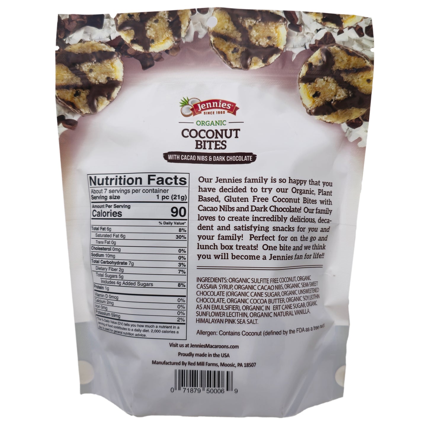 Jennies Organic Coconut Bites with Cacao Nibs & Dark Chocolate - 5.25oz.