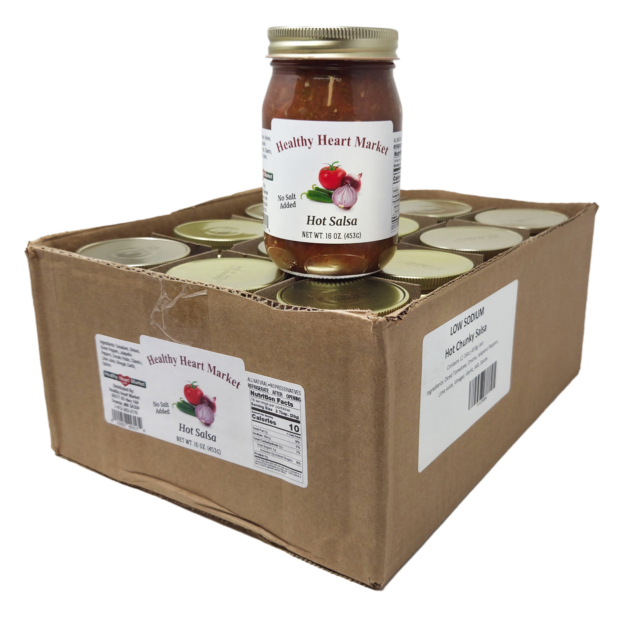 Case of 12 Healthy Heart Market No Salt Added Hot Salsa 16oz.