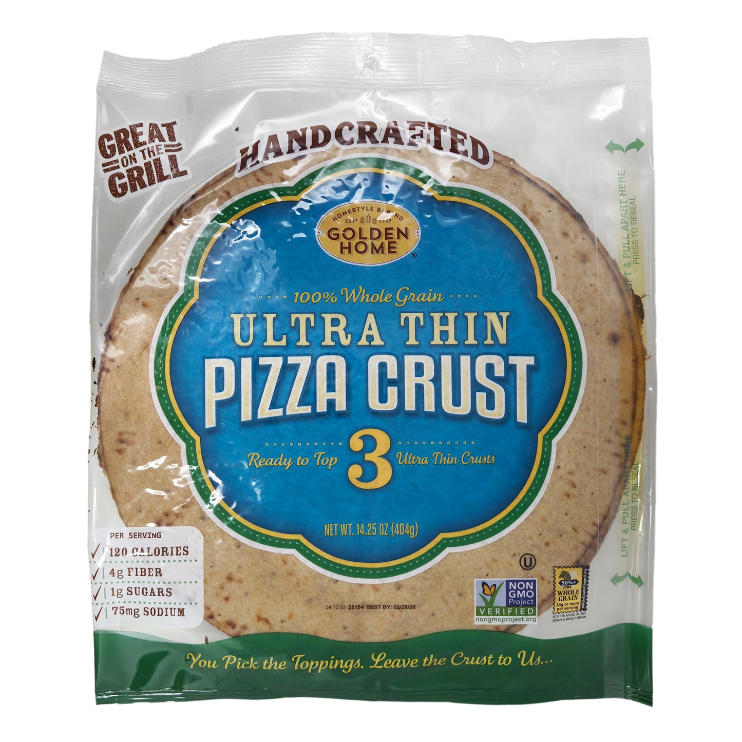 Packaged 3 ultra thin pizza crust, whole grain, non gmo
