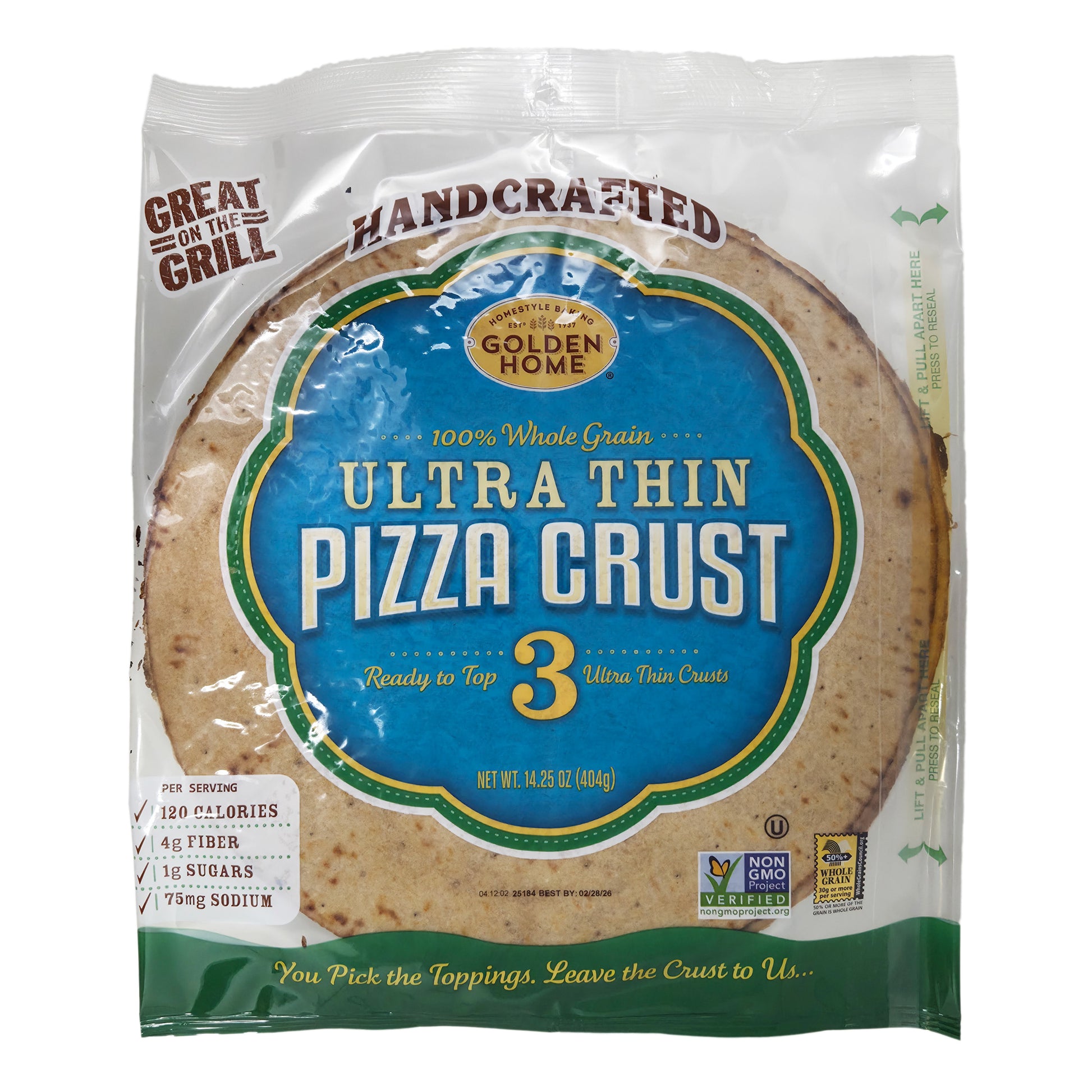 Packaged 3 ultra thin pizza crust, whole grain, non gmo