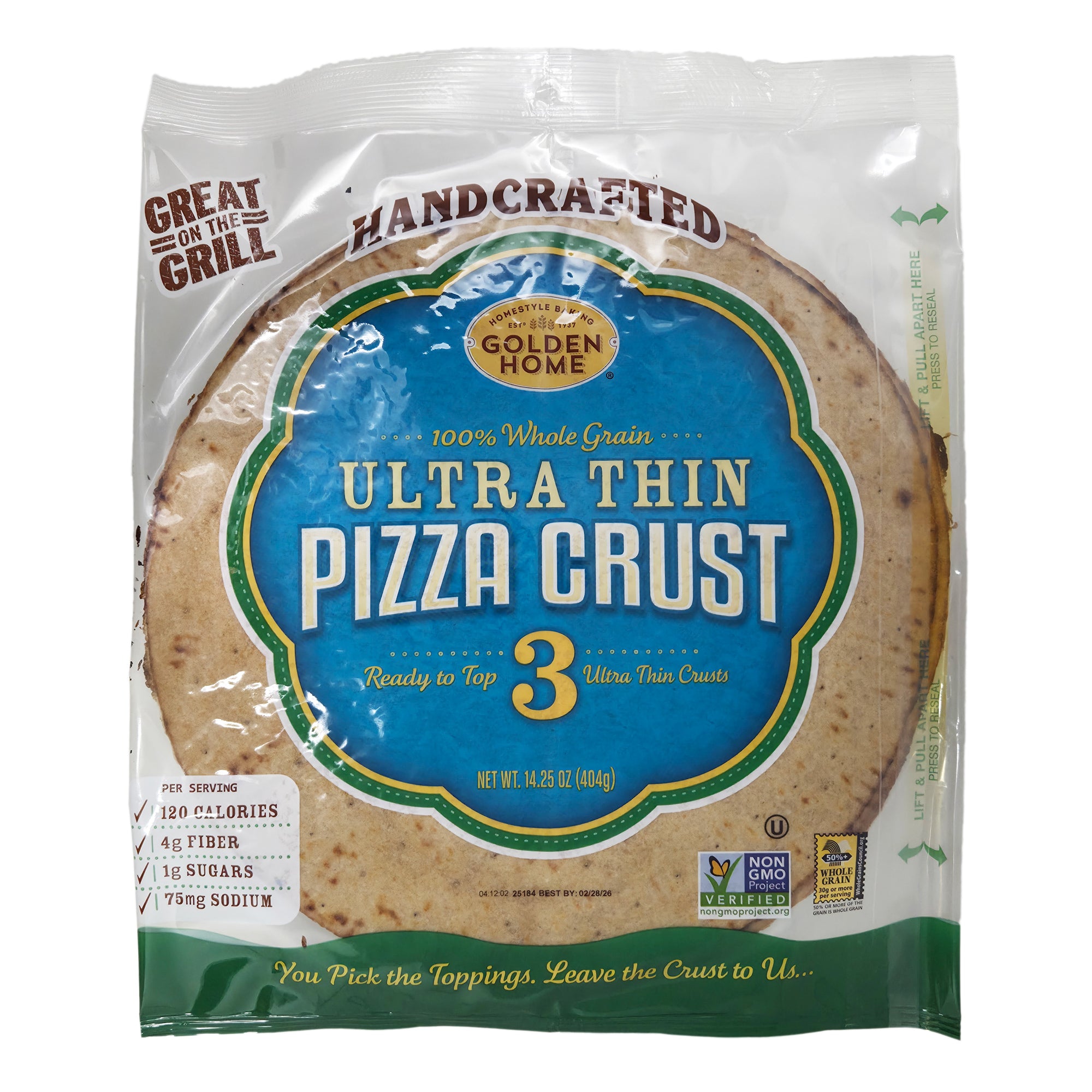 Packaged 3 ultra thin pizza crust, whole grain, non gmo