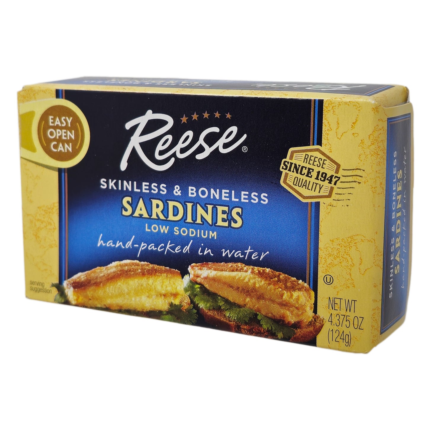 Reese Skinless & Boneless Low Sodium Sardines - Easy Open Can, Hand-Packed in water.