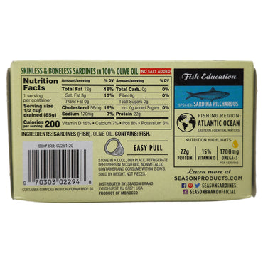 Season Brand Skinless & Boneless Sardines in 100% Olive Oil - 4.375oz.