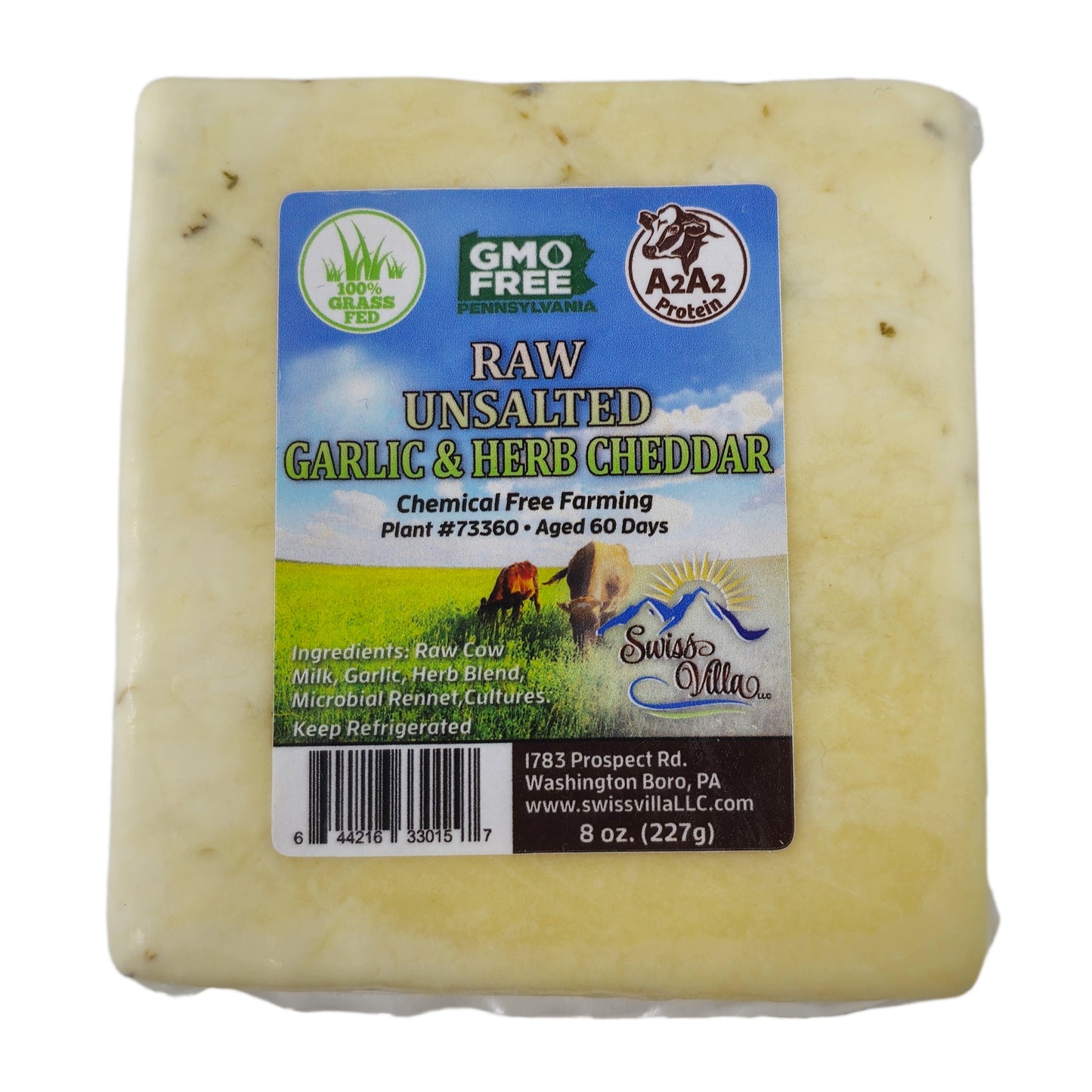 COMING SOON - Swiss Villa Raw Unsalted Garlic & Herb Cheddar Cow Cheese - 8oz.