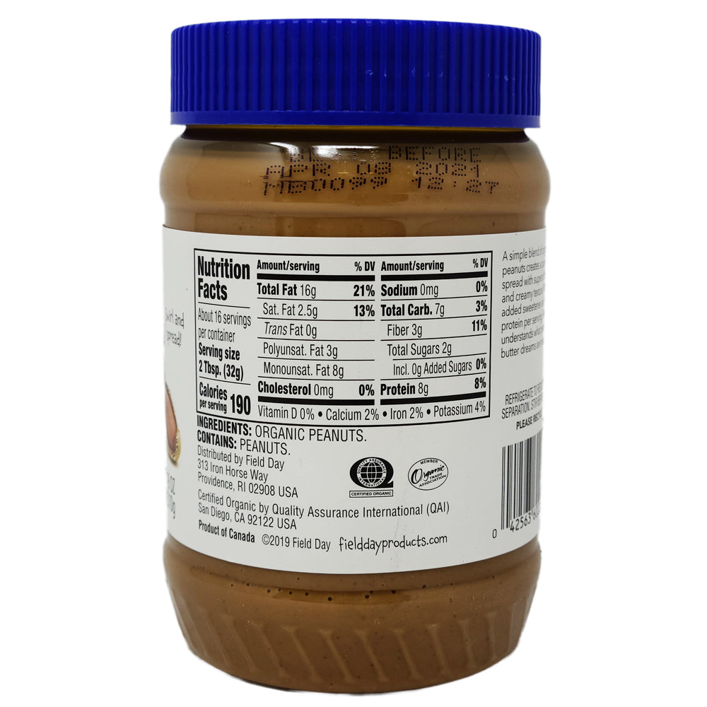 Field Day Organic Smooth Unsalted Peanut Butter- 18oz.